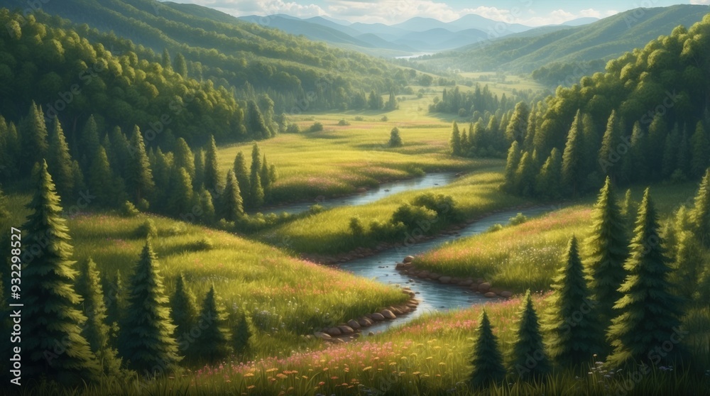 Obraz premium Illustration charming river between green meadows and forests