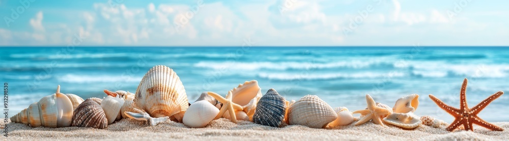 Seashells and Starfish on Beach with Ocean Background Seashells and Starfish on Beach with Ocean Background