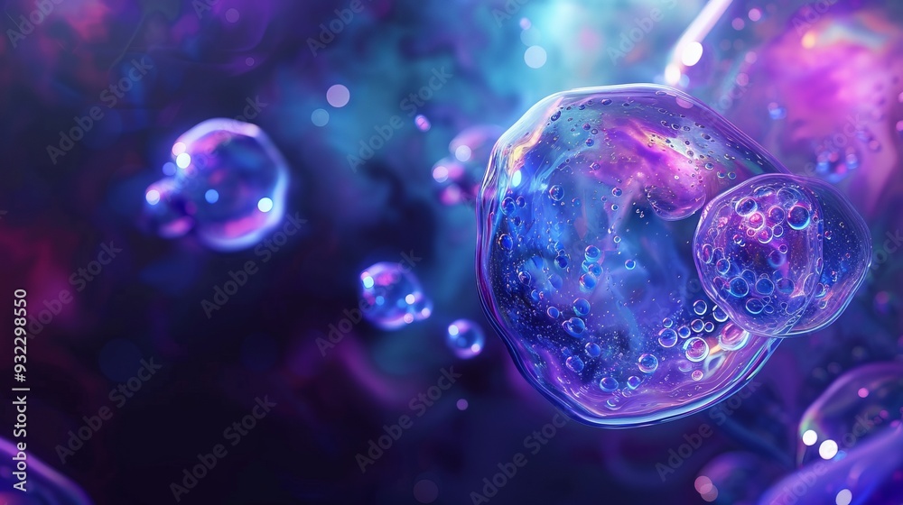 a blue and purple object with bubbles floating around it a blue and purple object with bubbles floating around it