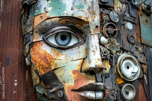 Rusty metal sculpture of a human face is assembled with various pieces of scrap metal and found objects photo