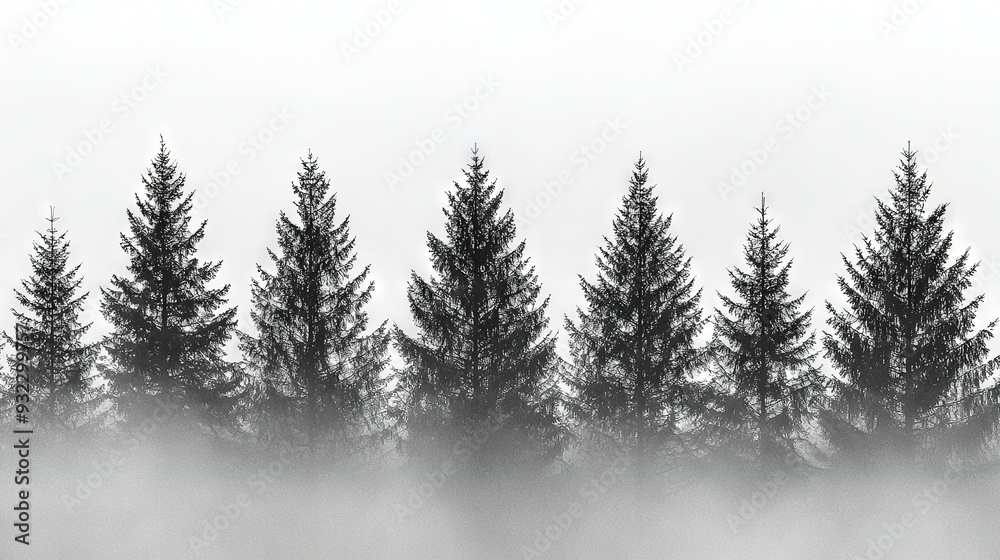 A monochrome image of a row of pines against a misty backdrop, featuring the sky above A monochrome image of a row of pines against a misty backdrop, featuring the sky above