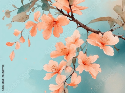 Watercolor painting of blooming peach-colored flowers on branch photo