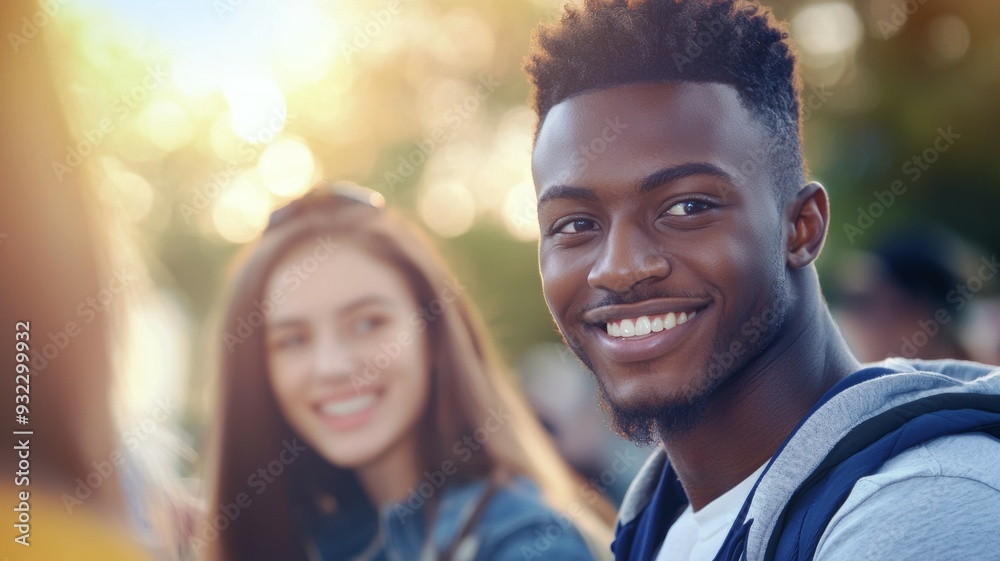A young man with a black afro is smiling at the camera