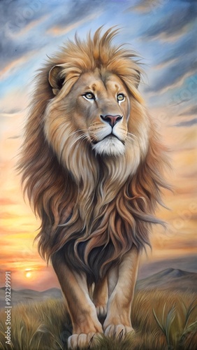 Majestic lion in the savannah at sunrise, symbolizing strength and pride