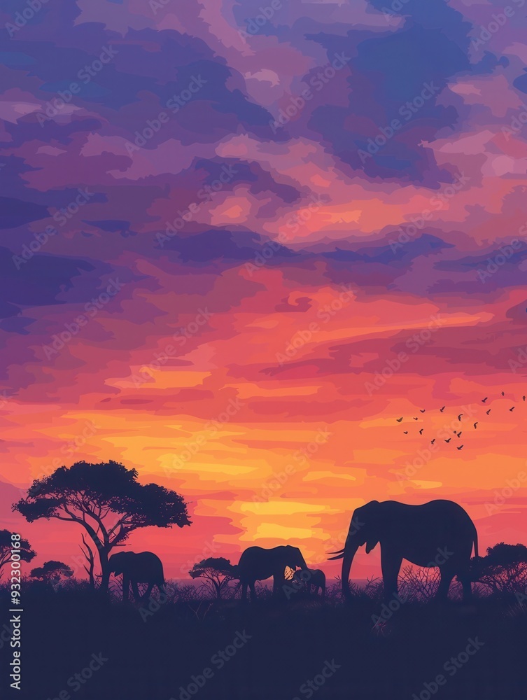 Fototapeta premium A herd of elephants strolls through the savanna as a stunning sunset paints the sky with hues of orange, purple, and pink. Generative AI