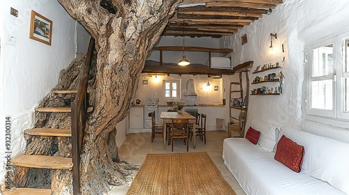   A cozy living room brims with furnishings, including a majestic tree at its center and a grand staircase ascending to the upper level photo