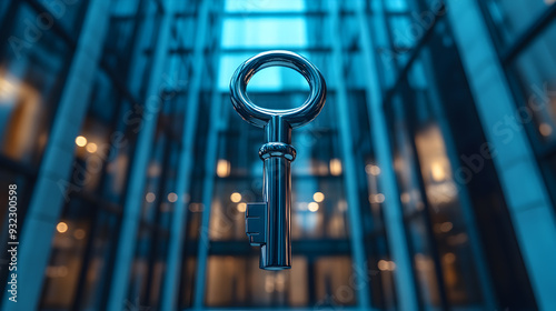 A shiny silver key against a blurred background of glass panels and lights. photo