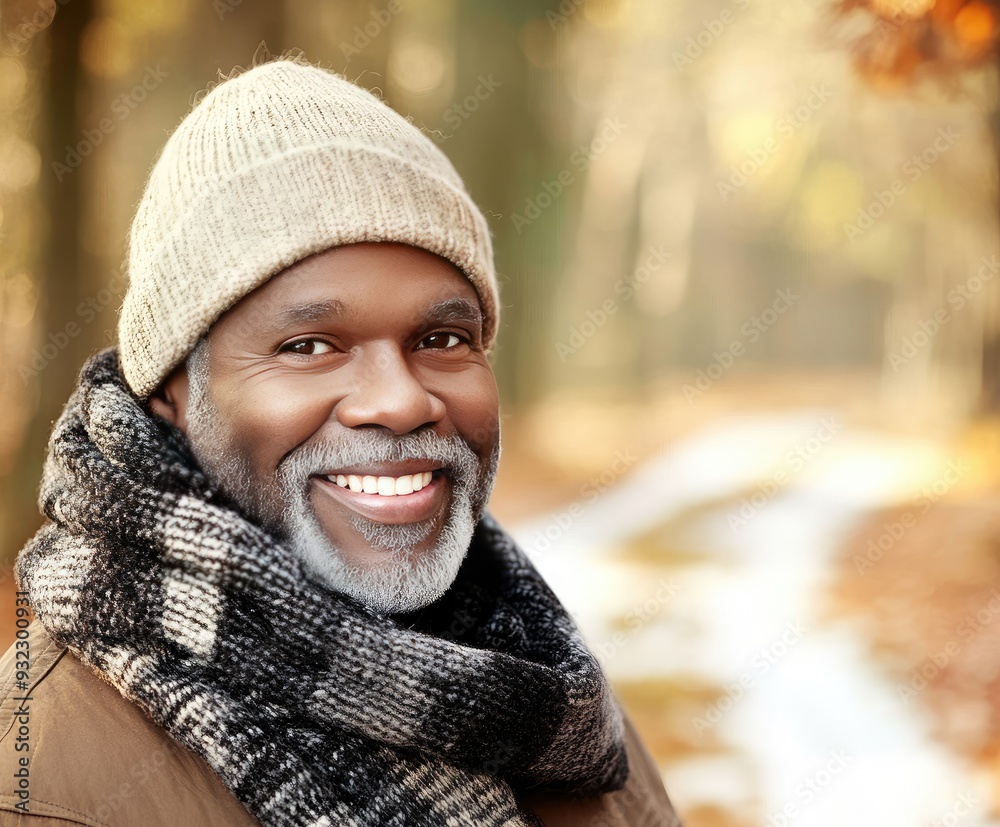 Joyful elderly man in a cozy hat and scarf smiles warmly amidst a picturesque autumn landscape filled with colorful leaves Joyful elderly man in a cozy hat and scarf smiles warmly amidst a picturesque autumn landscape filled with colorful leaves