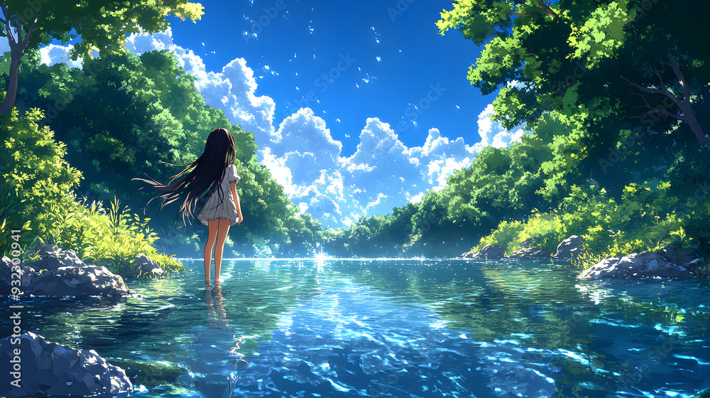 Fototapeta premium A young woman stands in a calm river, surrounded by lush greenery and a bright blue sky.