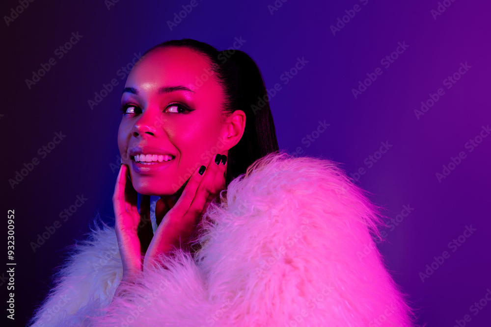 Photo of teasing tempting lady dressed fur coat hands cheekbones empty space lisolated purple color background Photo of teasing tempting lady dressed fur coat hands cheekbones empty space lisolated purple color background