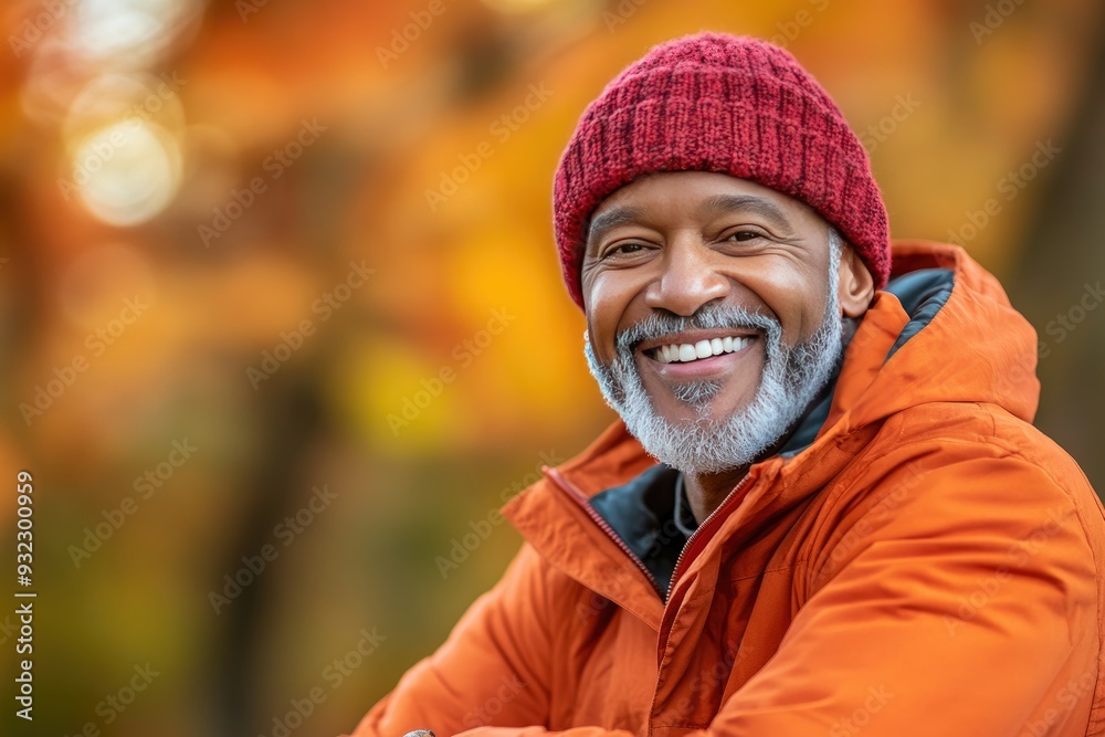A joyful elderly man in a vibrant autumn park wearing a red knitted hat and orange jacket while smiling warmly in the golden light of a late afternoon A joyful elderly man in a vibrant autumn park wearing a red knitted hat and orange jacket while smiling warmly in the golden light of a late afternoon