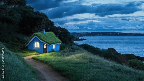 A charming cottage with a grass-covered roof glows warmly at night, nestled on a cliff by the ocean, inviting exploration along a winding path