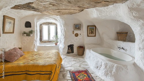   A spacious bedroom boasts a comfy bed, a luxurious bathtub, plush rugs, and tastefully framed artwork adorning the walls