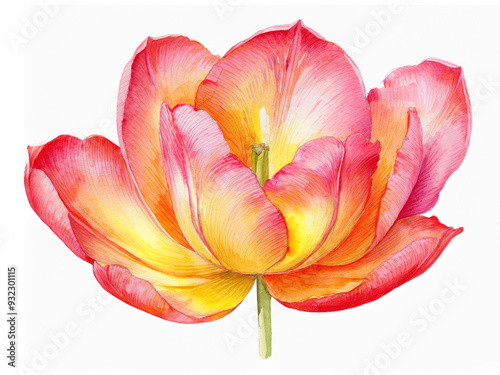 Isolated pink and yellow watercolor tulip with petals with ragged edges on white background. Hand drawn floral clip art elements