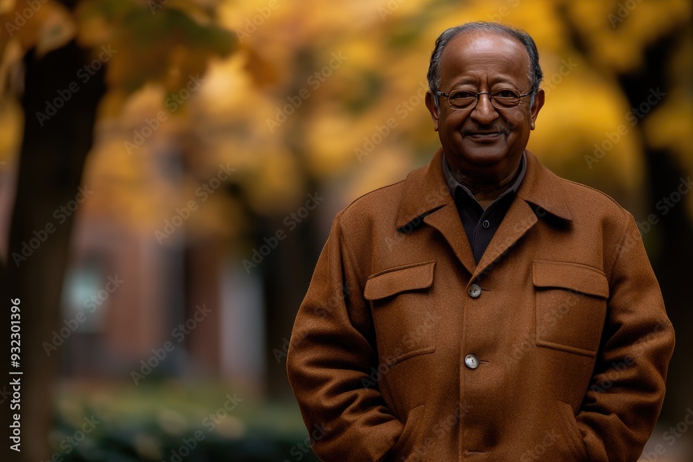 A thoughtful older man in a warm brown coat stands confidently amid autumn trees, basking in the golden hues of a crisp fall day A thoughtful older man in a warm brown coat stands confidently amid autumn trees, basking in the golden hues of a crisp fall day