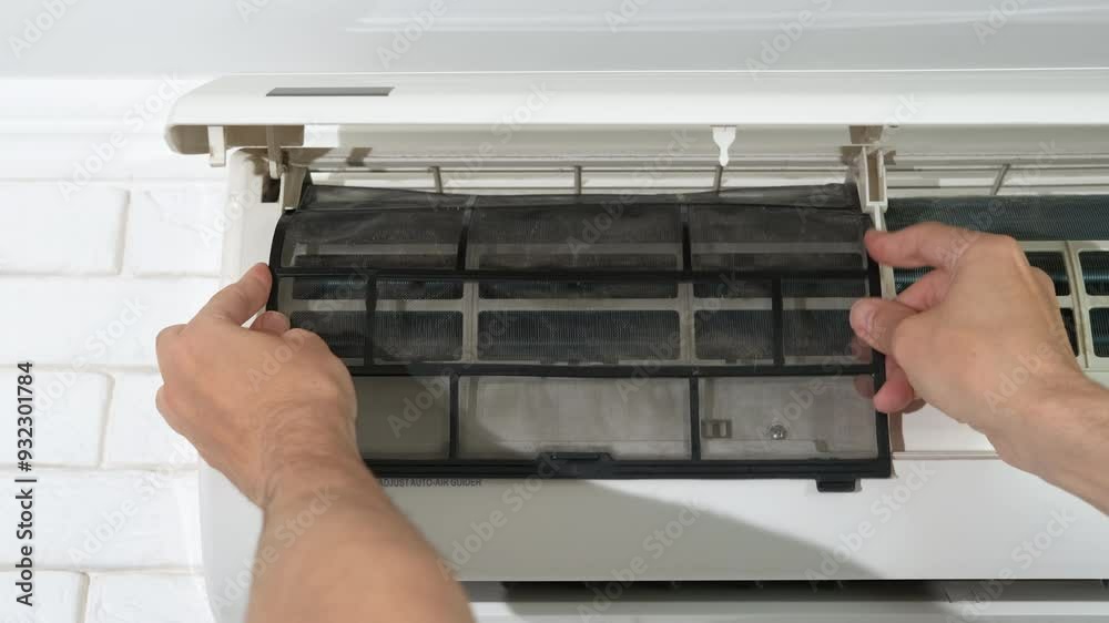 Engineer inspecting air conditioner filter on wall. A serviceman hands takes off the dusty filters from the old home air conditioner on the wall.