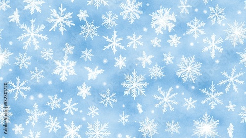 White snowflakes on a plain white or blue background, highlighting their unique symmetrical patterns. SEAMLESS PATTERN.