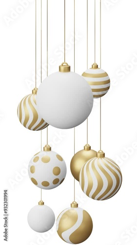 Christmas card video 4k animation. Merry Christmas greeting card. Hang on a thread xmas ball white and golden bauble on white and green horizontal background.