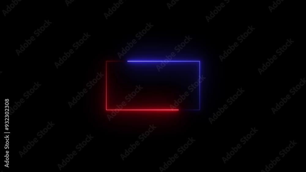 Neon rectangle frame. Abstract blue and red neon glowing line frame, animated moving led light screen box projection 4k rendering.
