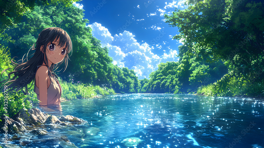 Anime girl in a river with a blue sky and green trees. Anime girl in a river with a blue sky and green trees.