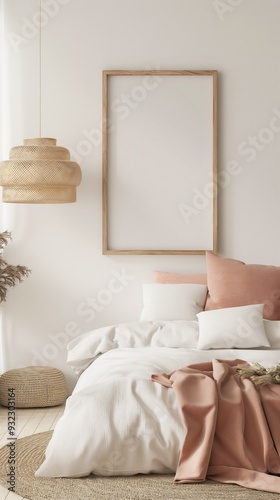 Empty wooden frame on wall in kids' room with pastel colors and cozy bed, modern decor