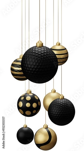 Golf Sport Christmas card video 4k animation. Merry Christmas sport greeting card. Hang on a thread ball as a xmas ball and golden bauble on white and green horizontal background.