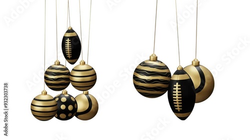 Rugby Sport Christmas card video 4k animation. Merry Christmas sport greeting card. Hang on a thread ball as a xmas ball and golden bauble on white and green horizontal background.