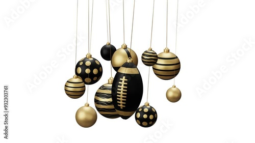 Rugby Sport Christmas card video 4k animation. Merry Christmas sport greeting card. Hang on a thread ball as a xmas ball and golden bauble on white and green horizontal background.