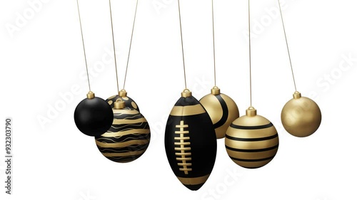 Rugby Sport Christmas card video 4k animation. Merry Christmas sport greeting card. Hang on a thread ball as a xmas ball and golden bauble on white and green horizontal background.