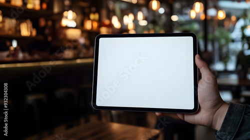Hand holding a tablet with a blank screen in a bar with a blurred background.