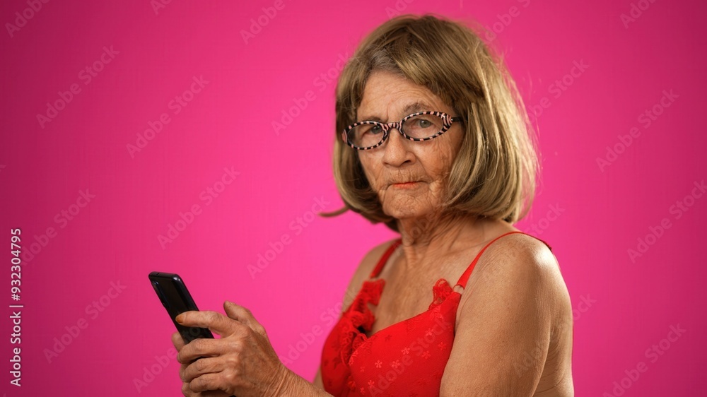 Funny elderly woman walks across frame while scrolling on her smart phone, stops smiles at camera and continues across frame. Isolated on pink background Funny elderly woman walks across frame while scrolling on her smart phone, stops smiles at camera and continues across frame. Isolated on pink background