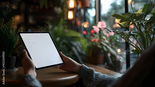 Person holding a tablet with a blank screen in a cafe with a window in the background.