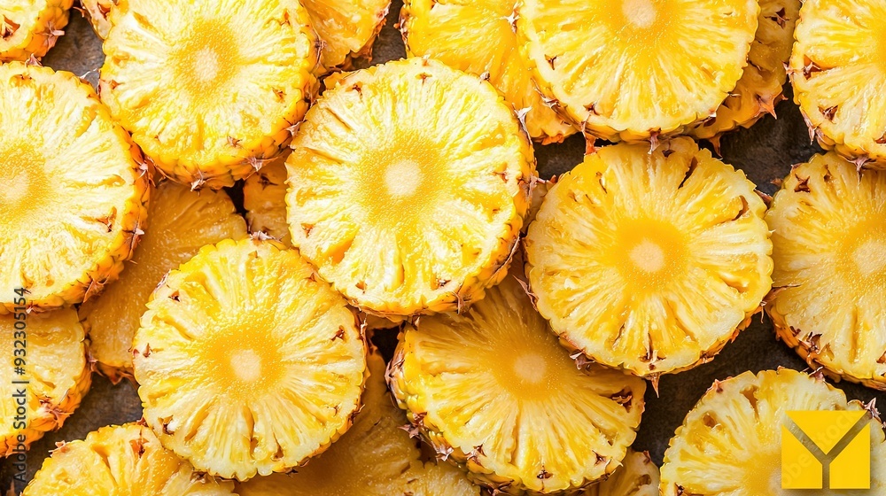 A wooden table holds two piles of freshly sliced pineapples A wooden table holds two piles of freshly sliced pineapples