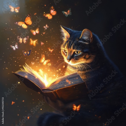 Enchanted Cat with Glowing Book and Butterflies photo