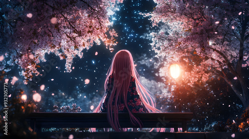 Woman with long pink hair sits on a bench under a cherry blossom tree at night.