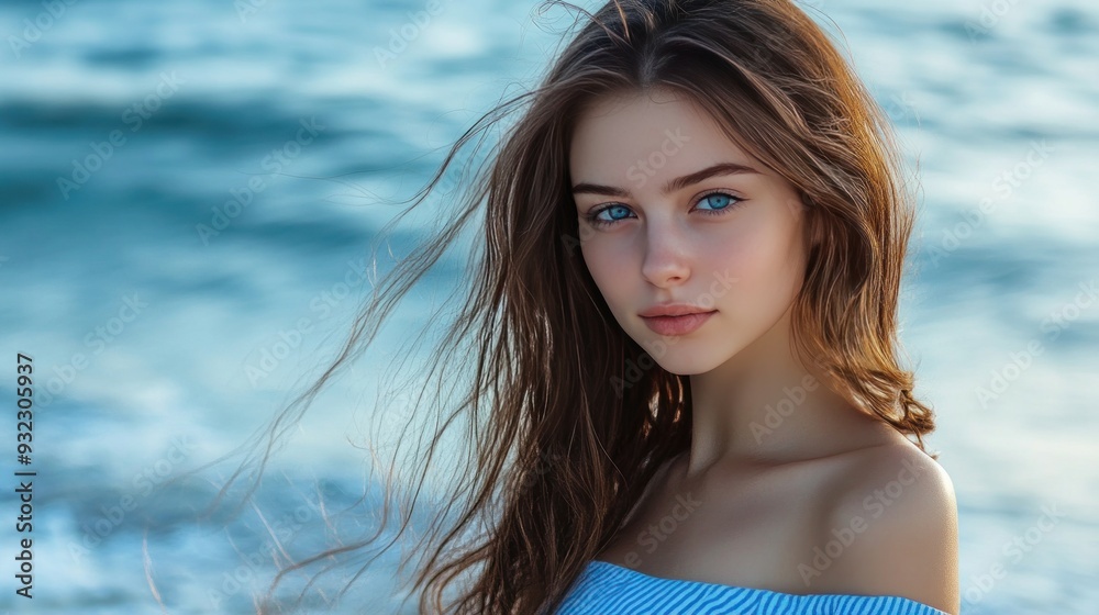 Gorgeous brunette girl with long hair and blue eyes, half turned over in a blue striped dress against a seaside backdrop Gorgeous brunette girl with long hair and blue eyes, half turned over in a blue striped dress against a seaside backdrop