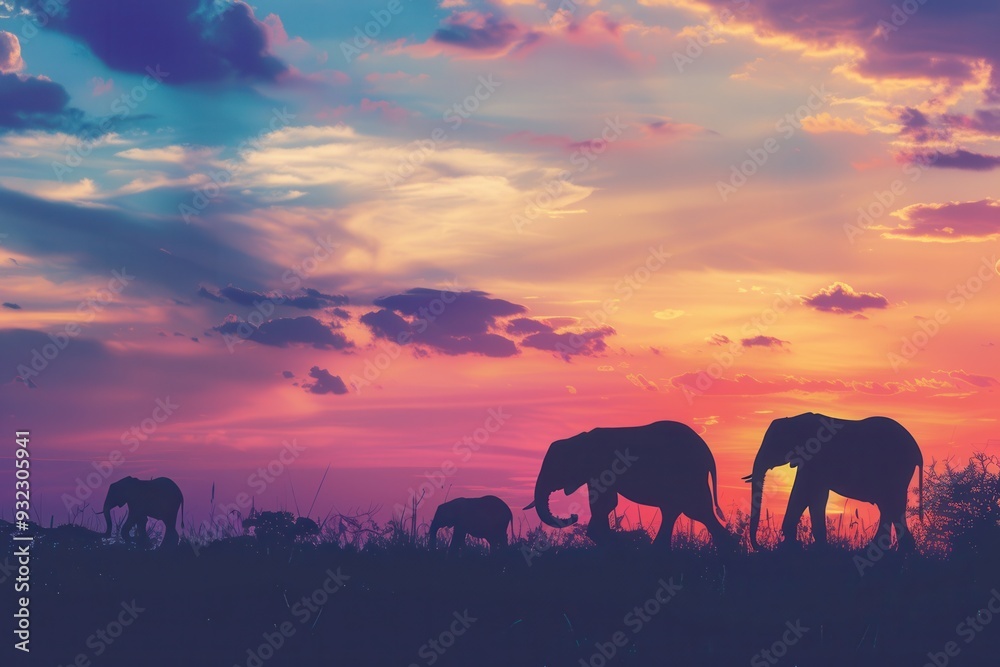 Fototapeta premium Elephants walk gracefully against a colorful sunset, silhouetted by the vibrant hues of the sky in the tranquil savannah. Generative AI