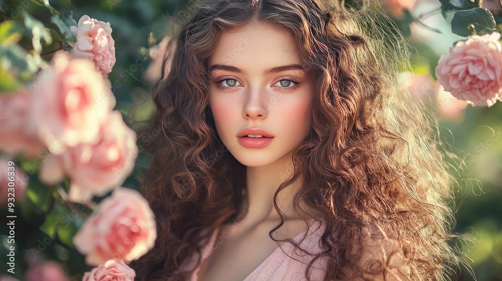 Posing next to blooming roses in a garden is a stunning young lady with long, curly hair and flawless skin, dressed in a pink linen dress. close-up picture