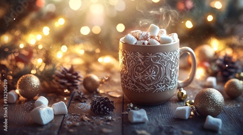 Cozy Winter Hot Chocolate with Marshmallows and Festive Decorations