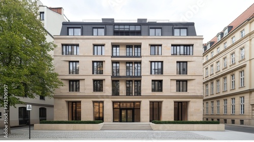 The facade showcases light beige stone, black-framed windows, and cladding, framed by autumn foliage and a cobblestone path in the soft glow of the evening sun photo