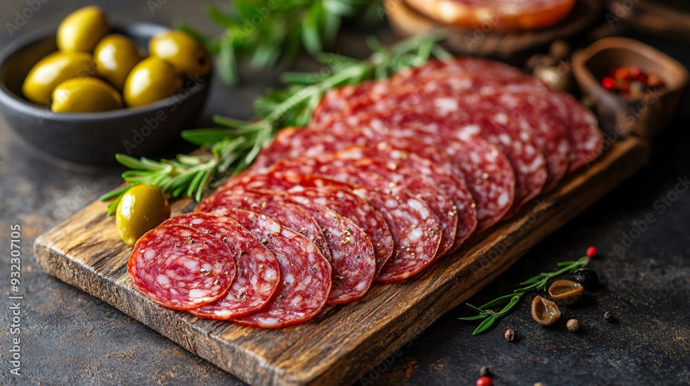 Sliced spicy salami arranged on rustic wooden cutting board Sliced spicy salami arranged on rustic wooden cutting board