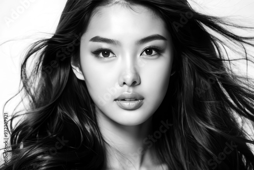 Portrait of a young woman with flowing hair in black and white, showcasing natural beauty and expressive features. Generative AI