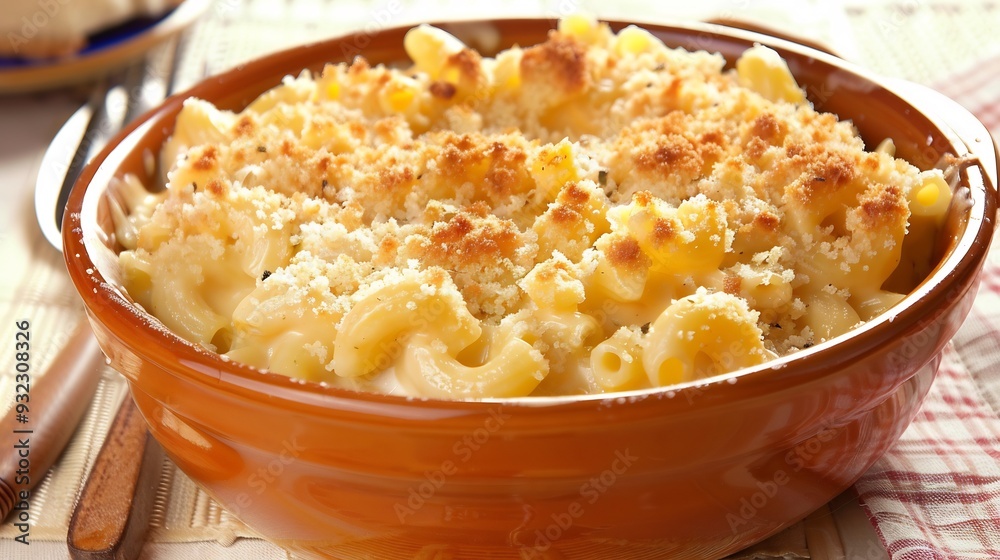 Bowl of gooey cheesy macaroni and cheese topped with breadcrumbs for a perfect food indulgence Bowl of gooey cheesy macaroni and cheese topped with breadcrumbs for a perfect food indulgence