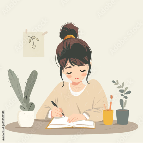 Vector Girl Writing simple and min