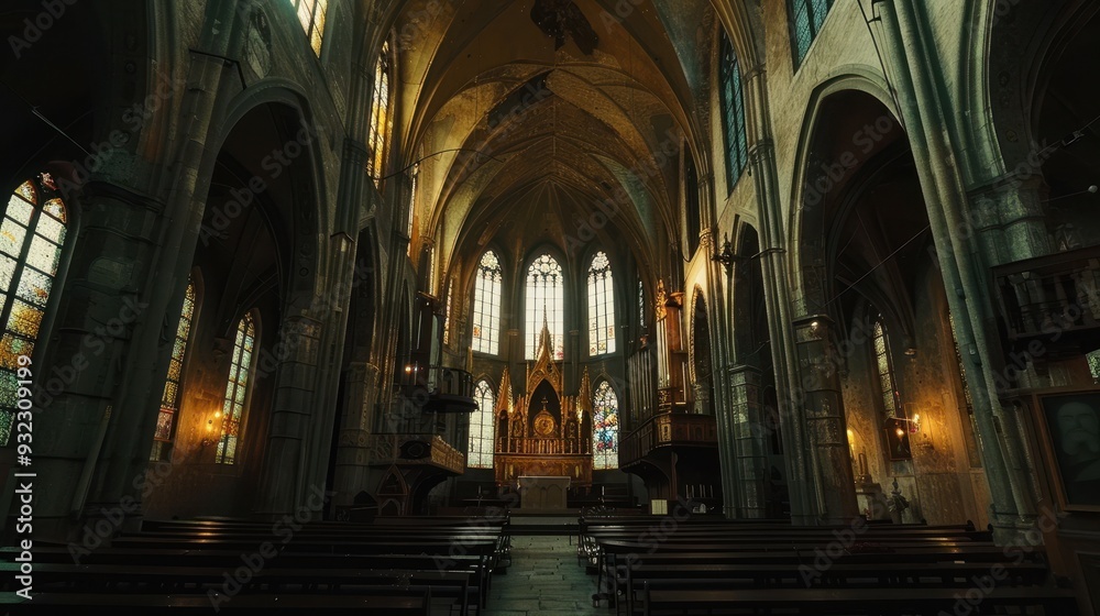 Obraz premium Gothic architecture showcases tall arches and stained glass illuminated by warm evening light