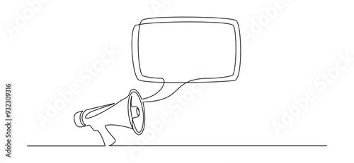 One continuous line drawing of loudspeaker bullhorn with speech balloon. Megaphone speaker symbol of marketing promotion in simple linear style. Hiring and job offer concept. Vector illustration