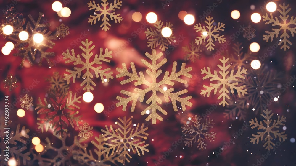 Golden Snowflakes Against a Warm, Festive Bokeh Background with Soft Red Hues and Glowing Christmas Lights Golden Snowflakes Against a Warm, Festive Bokeh Background with Soft Red Hues and Glowing Christmas Lights