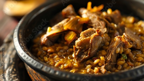 Bowl of hareesh a creamy wheat porridge cooked with meat and spices served as a comforting traditional food dish photo