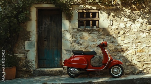 A red scooter parked in front of a rustic stone building with a wooden door.