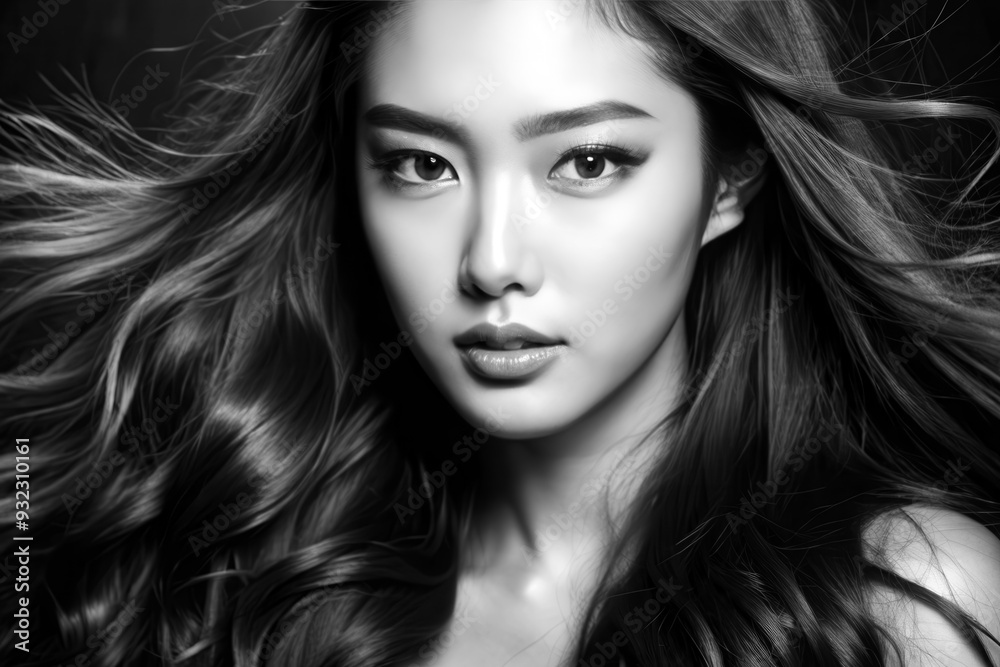 A model poses with flowing hair, showcasing striking features in a dynamic black and white portrait taken in a studio setting. Generative AI A model poses with flowing hair, showcasing striking features in a dynamic black and white portrait taken in a studio setting. Generative AI